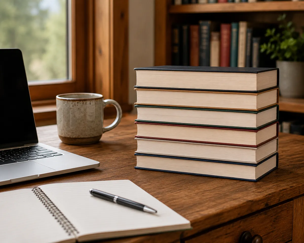 A writing desk with a laptop, a stack of hardcover books, and a notebook