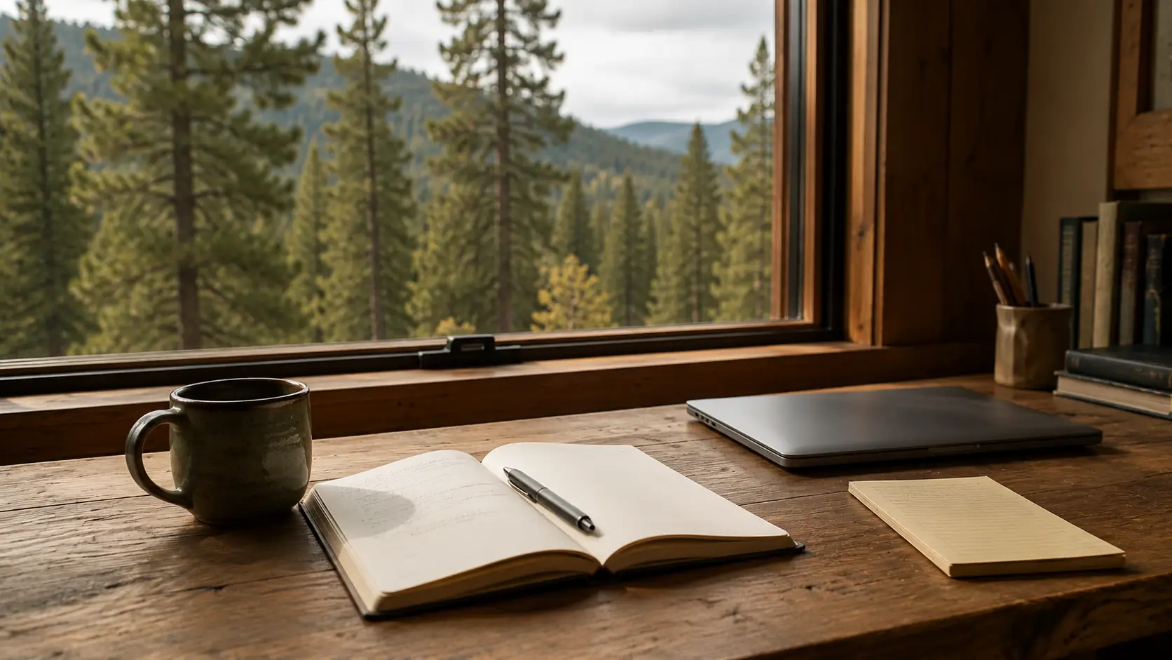 A writing desk at a window looking out to tall pines, notebook open