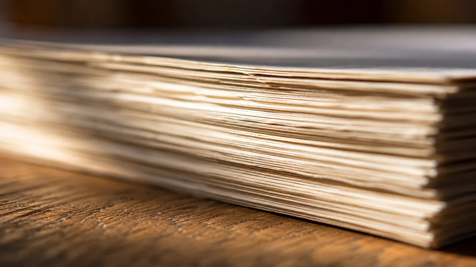 Extreme close-up of the stacked page edges of a thick manuscript resting on a wooden desk